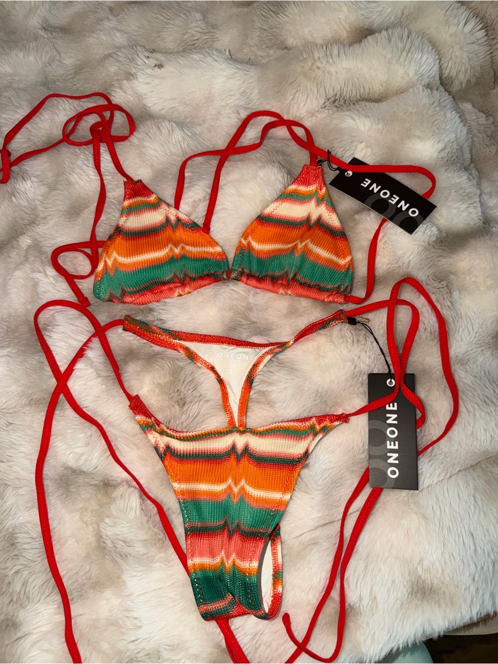 ONEONE Orange Multi-Stripe Ribbed Triangle Bikini